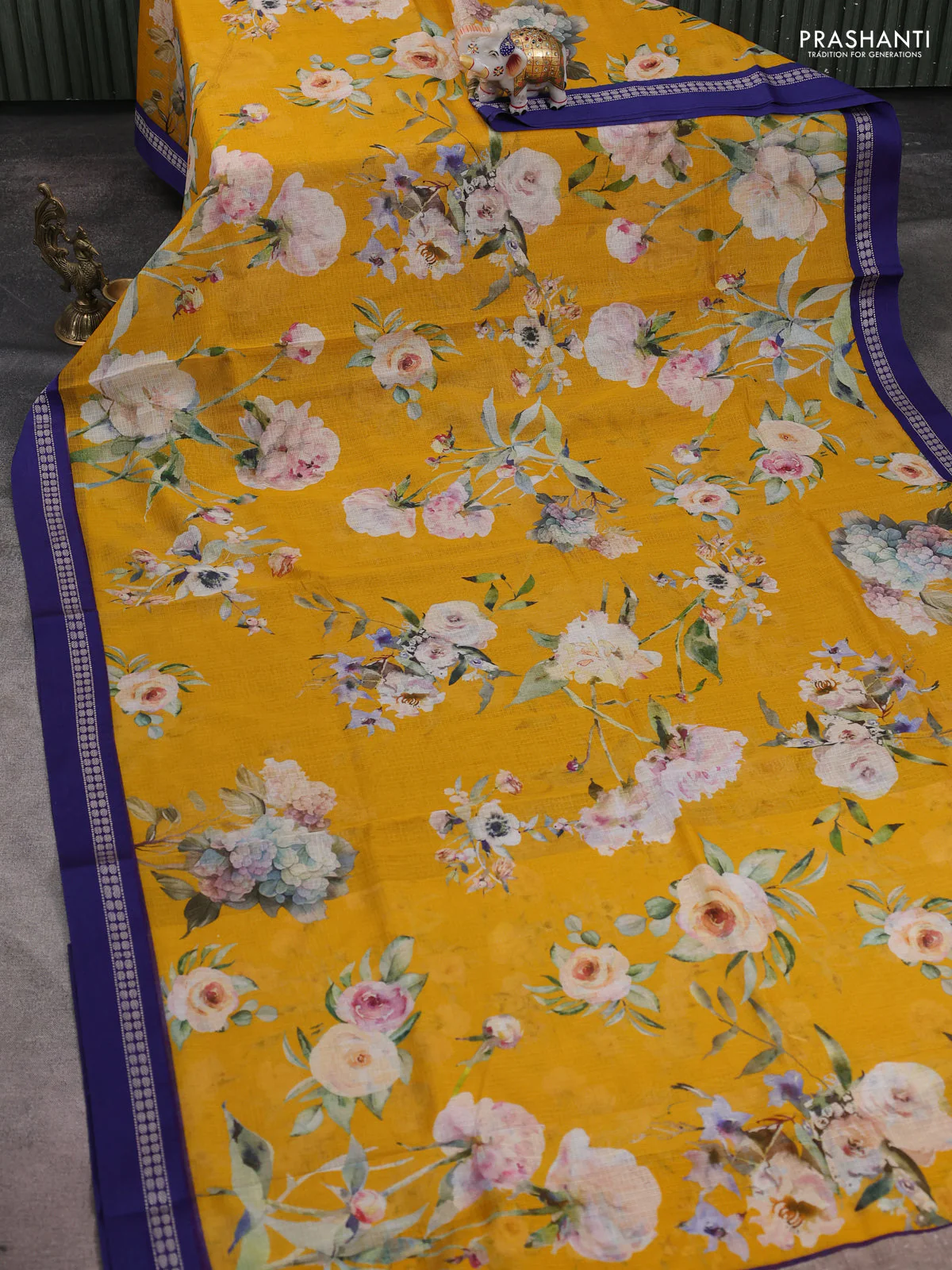 Kota silk cotton saree yellow and blue with allover floral digital prints and thread woven border - Image 2