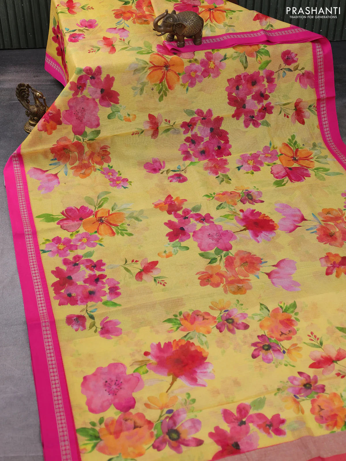 Kota silk cotton saree yellow and pink with allover floral digital prints and thread woven border - Image 2