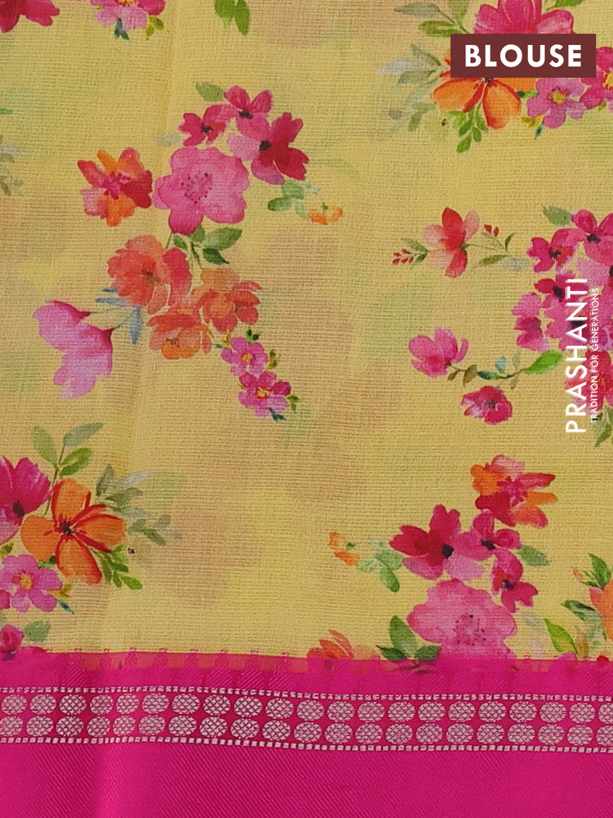 Kota silk cotton saree yellow and pink with allover floral digital prints and thread woven border - Image 3