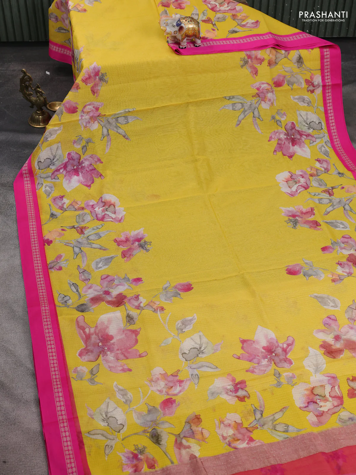 Kota silk cotton saree yellow and pink with allover floral digital prints and thread woven border - Image 2