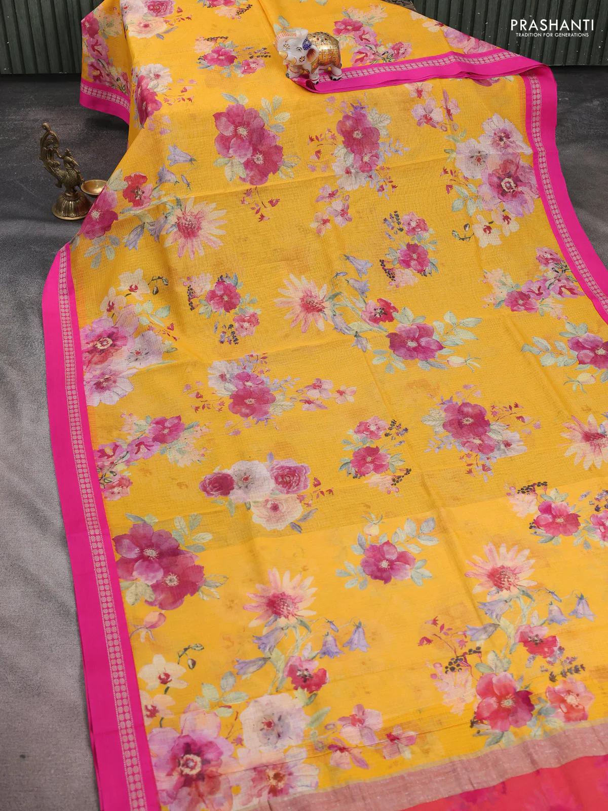 Kota silk cotton saree yellow and pink with allover floral digital prints and thread woven border - Image 2