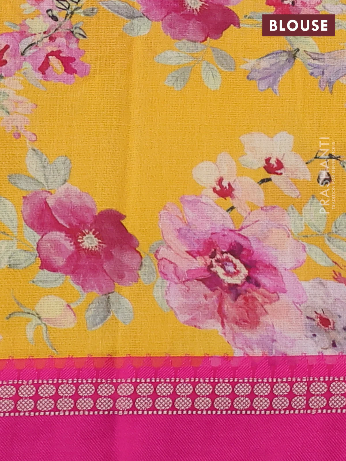 Kota silk cotton saree yellow and pink with allover floral digital prints and thread woven border - Image 3