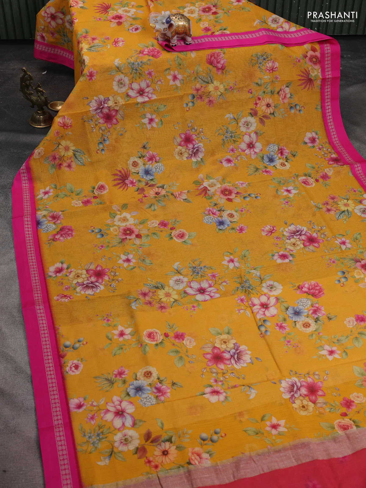 Kota silk cotton saree yellow and pink with floarl digital prints and thread woven border - Image 2