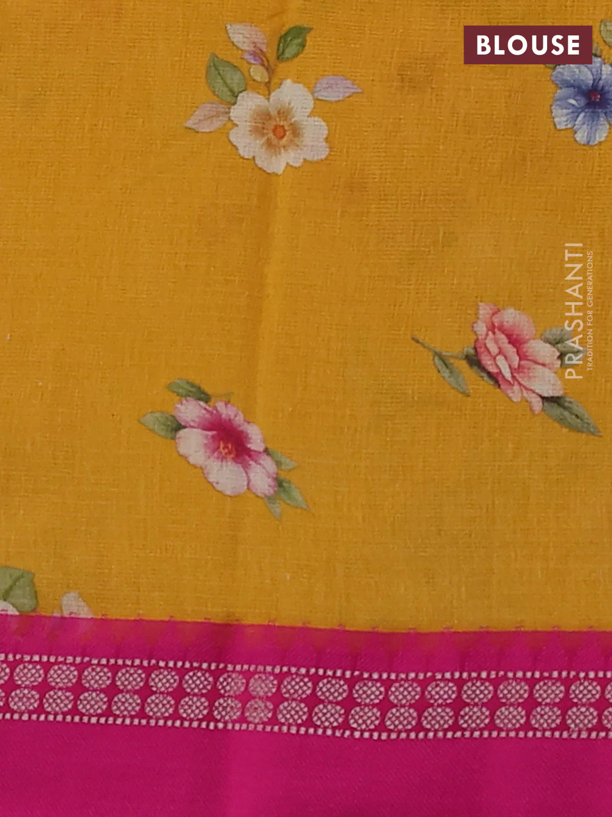 Kota silk cotton saree yellow and pink with floarl digital prints and thread woven border - Image 3