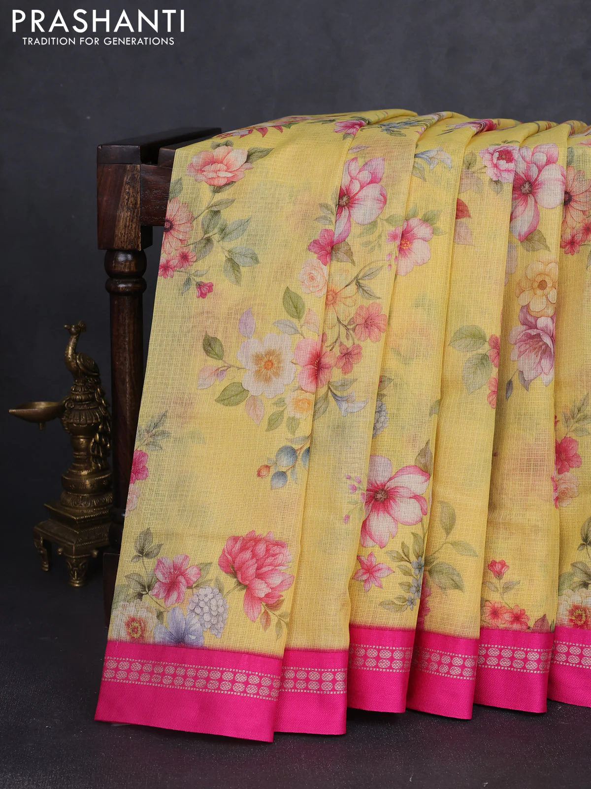 Kota silk cotton saree yellow and pink with floarl digital prints and thread woven border