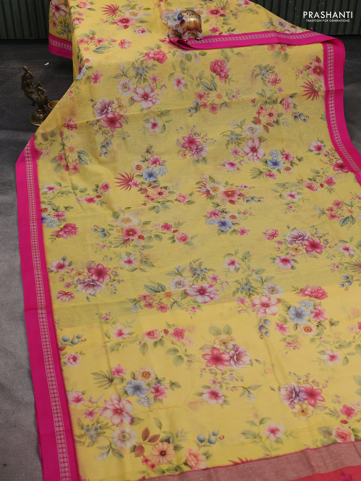 Kota silk cotton saree yellow and pink with floarl digital prints and thread woven border - Image 2