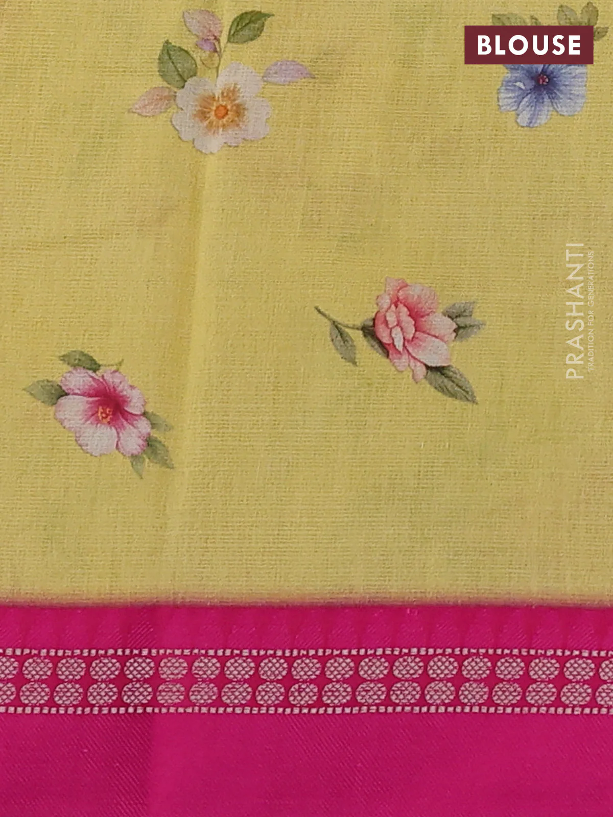 Kota silk cotton saree yellow and pink with floarl digital prints and thread woven border - Image 3