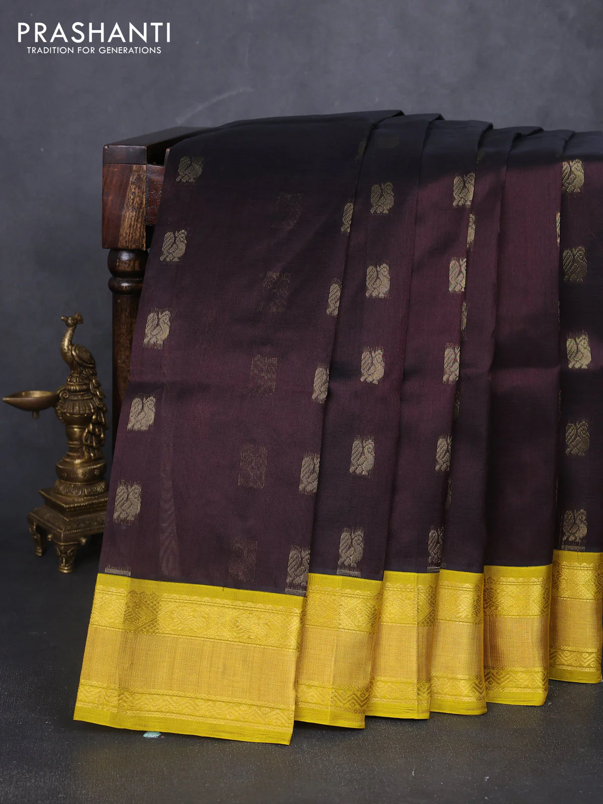 Kuppadam silk cotton saree black and lime yellow with annam zari woven buttas and zari woven border