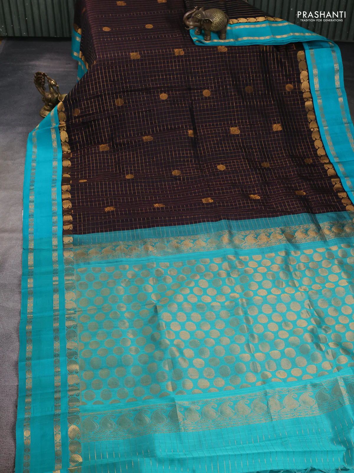 Kuppadam silk cotton saree black and teal blue with allover zari checks & buttas and paisley zari woven border - Image 2