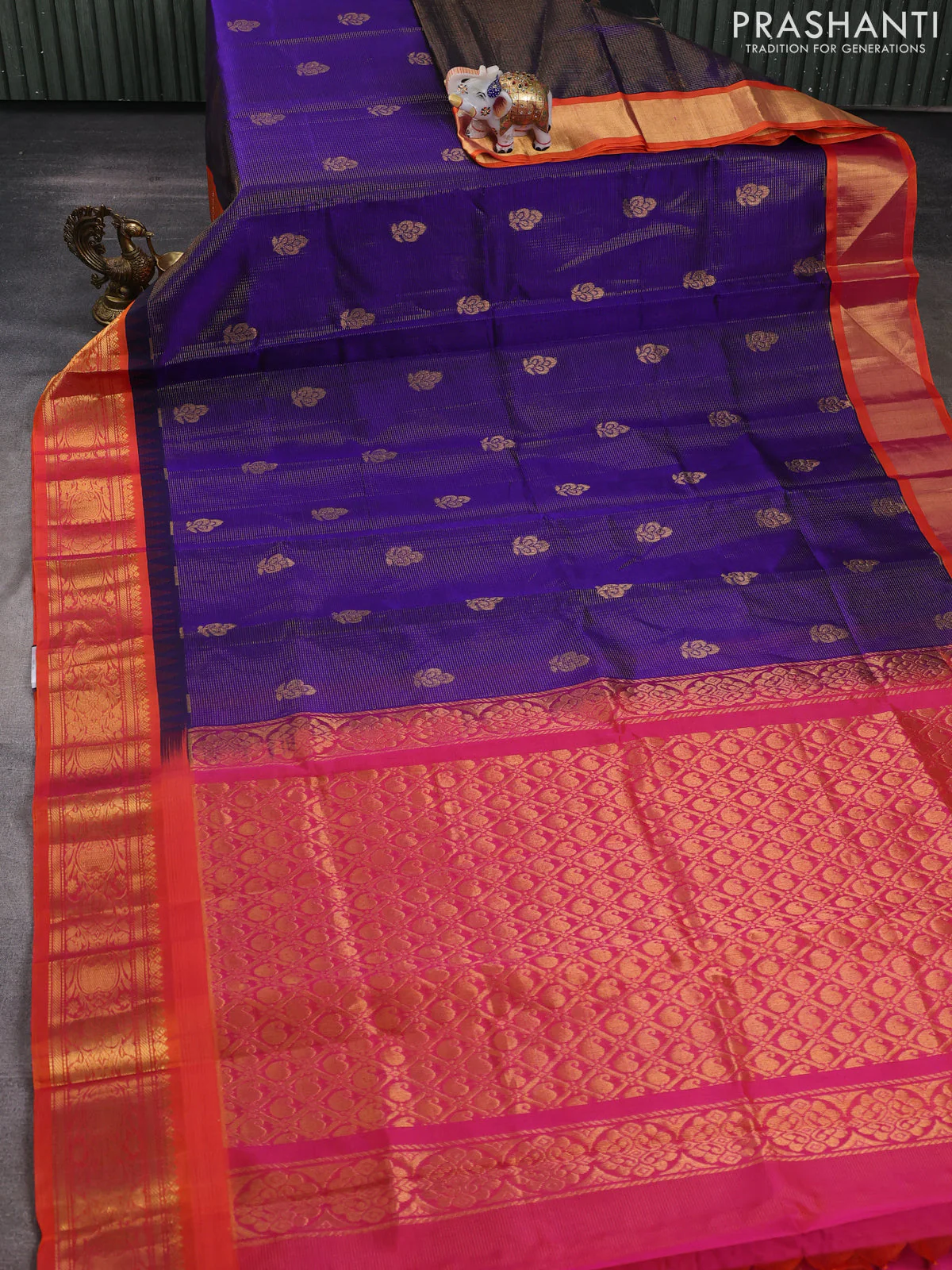 Kuppadam silk cotton saree blue and orange with allover vairosi pattern & buttas and temple design zari woven border - Image 2