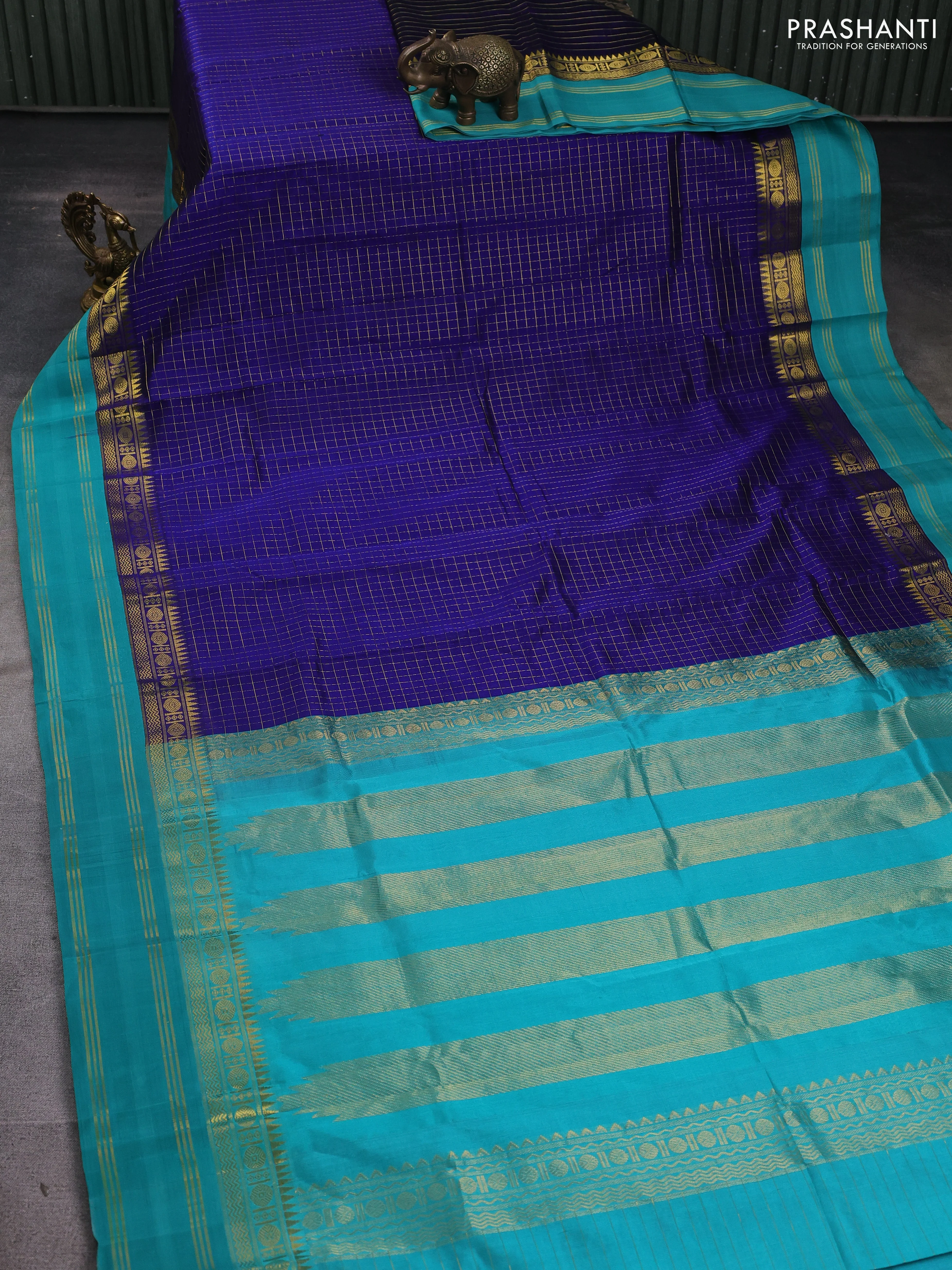 Kuppadam silk cotton saree blue and teal blue with allover zari checked pattern and zari woven border - Image 2