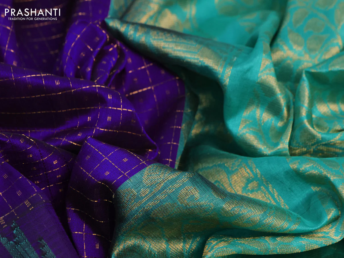 Kuppadam silk cotton saree blue and teal green with allover zari checks & buttas and temple woven elephant design zari border - Image 11