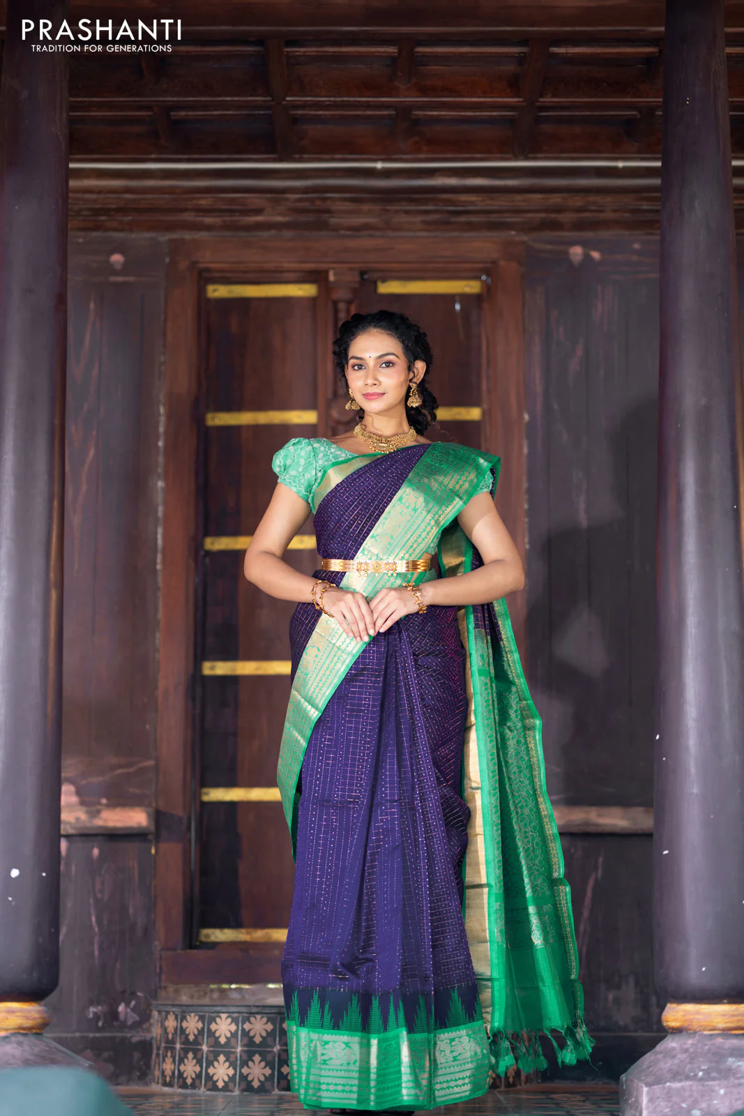 Kuppadam silk cotton saree blue and teal green with allover zari checks & buttas and temple woven elephant design zari border - Image 2