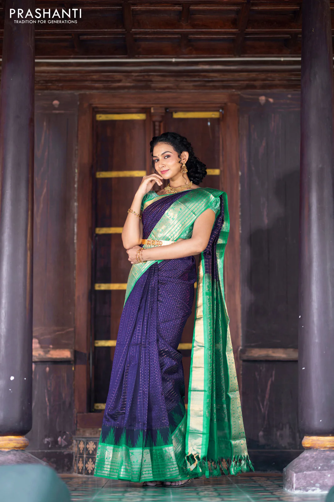 Kuppadam silk cotton saree blue and teal green with allover zari checks & buttas and temple woven elephant design zari border - Image 3