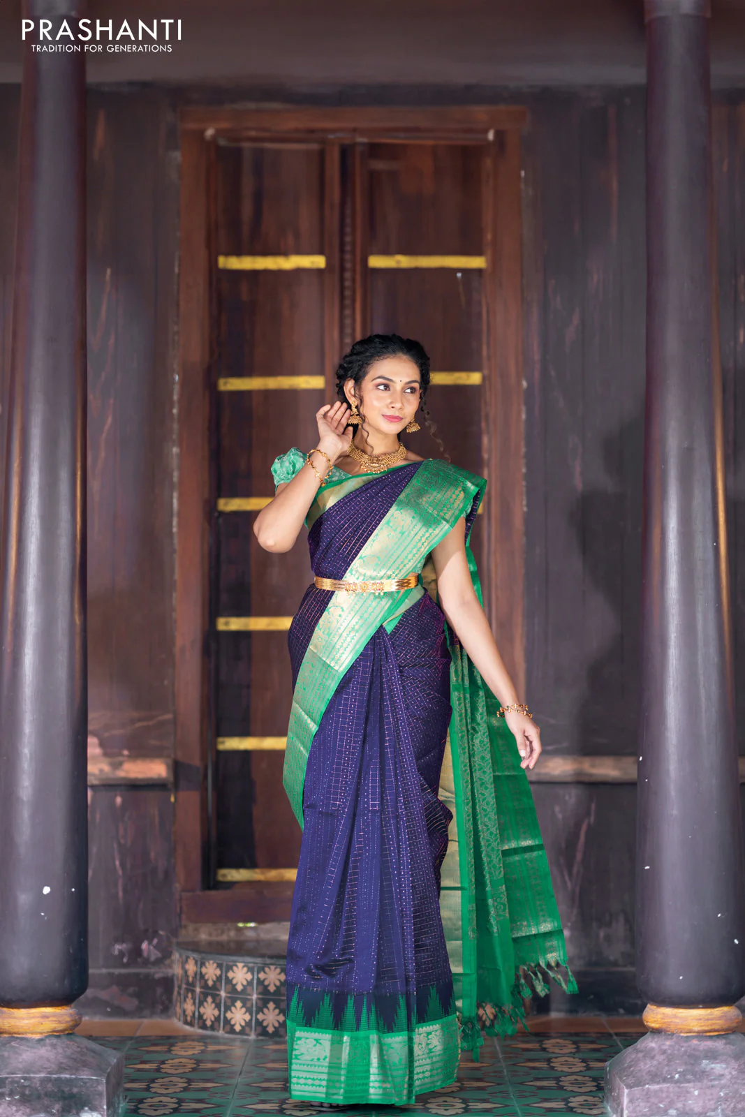 Kuppadam silk cotton saree blue and teal green with allover zari checks & buttas and temple woven elephant design zari border - Image 4