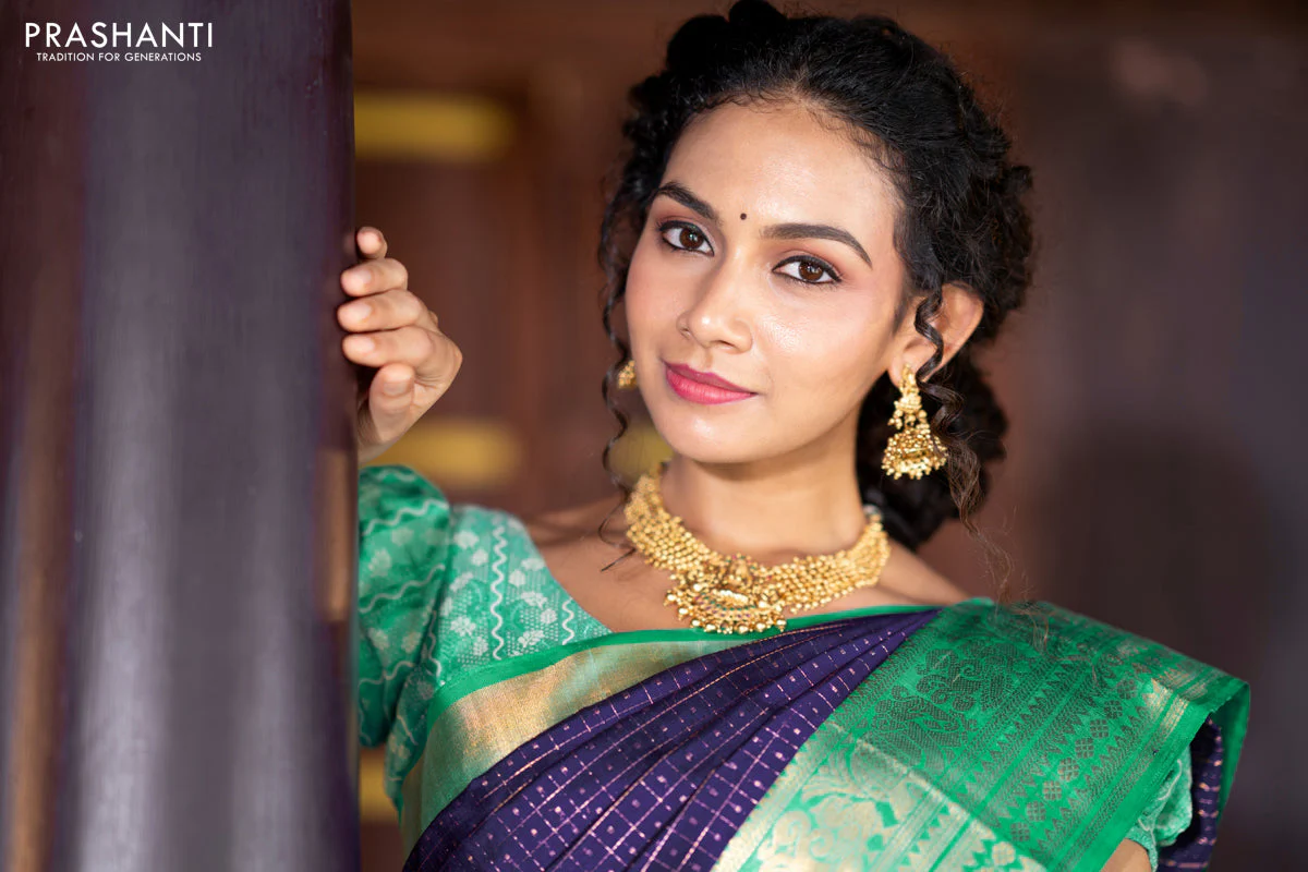 Kuppadam silk cotton saree blue and teal green with allover zari checks & buttas and temple woven elephant design zari border - Image 6