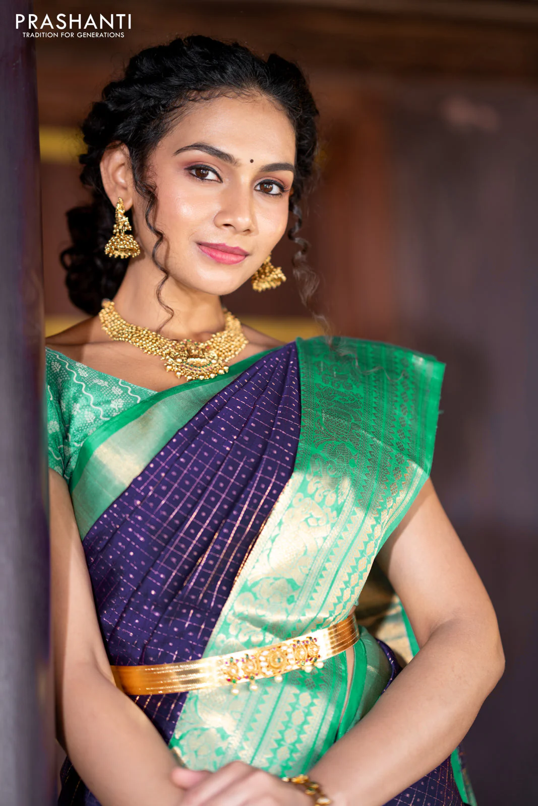 Kuppadam silk cotton saree blue and teal green with allover zari checks & buttas and temple woven elephant design zari border - Image 7