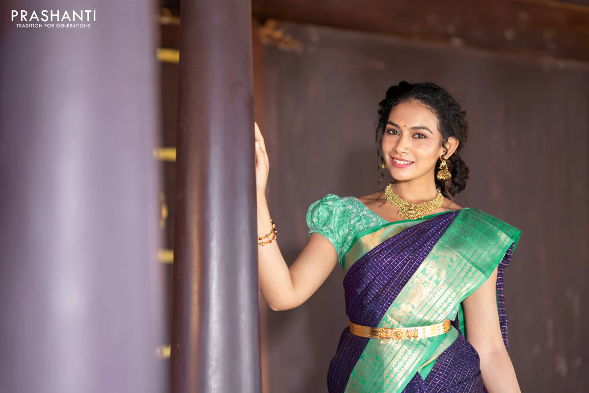 Kuppadam silk cotton saree blue and teal green with allover zari checks & buttas and temple woven elephant design zari border - Image 8