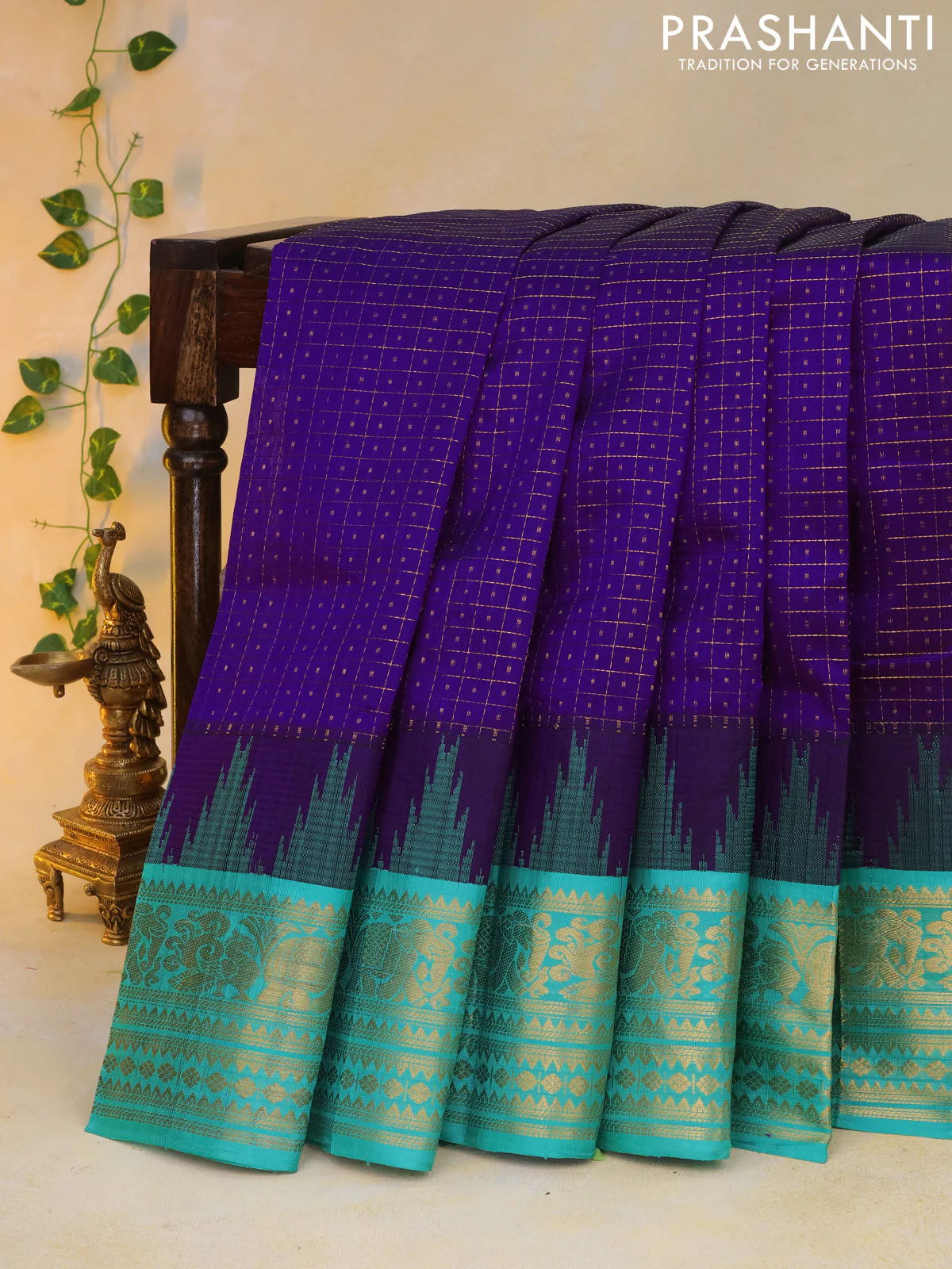 Kuppadam silk cotton saree blue and teal green with allover zari checks & buttas and temple woven elephant design zari border - Image 9