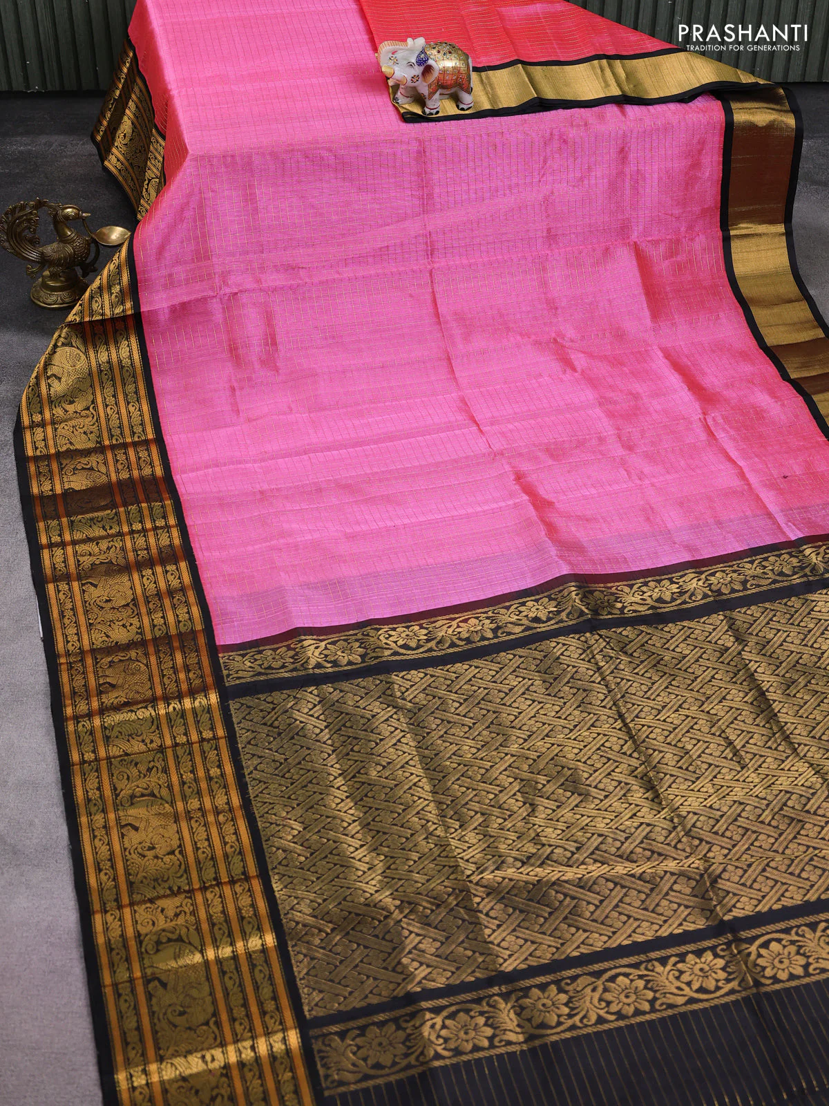 Kuppadam silk cotton saree candy pink and black with allover zari woven checked pattern and long zari woven border - Image 2