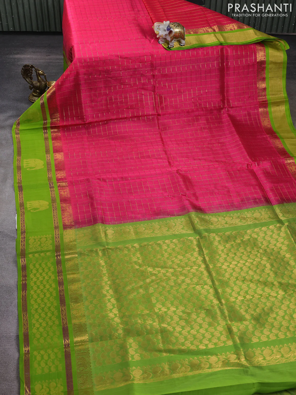 Kuppadam silk cotton saree candy pink and light green with allover zari checked pattern and rettapet zari woven butta border - Image 2