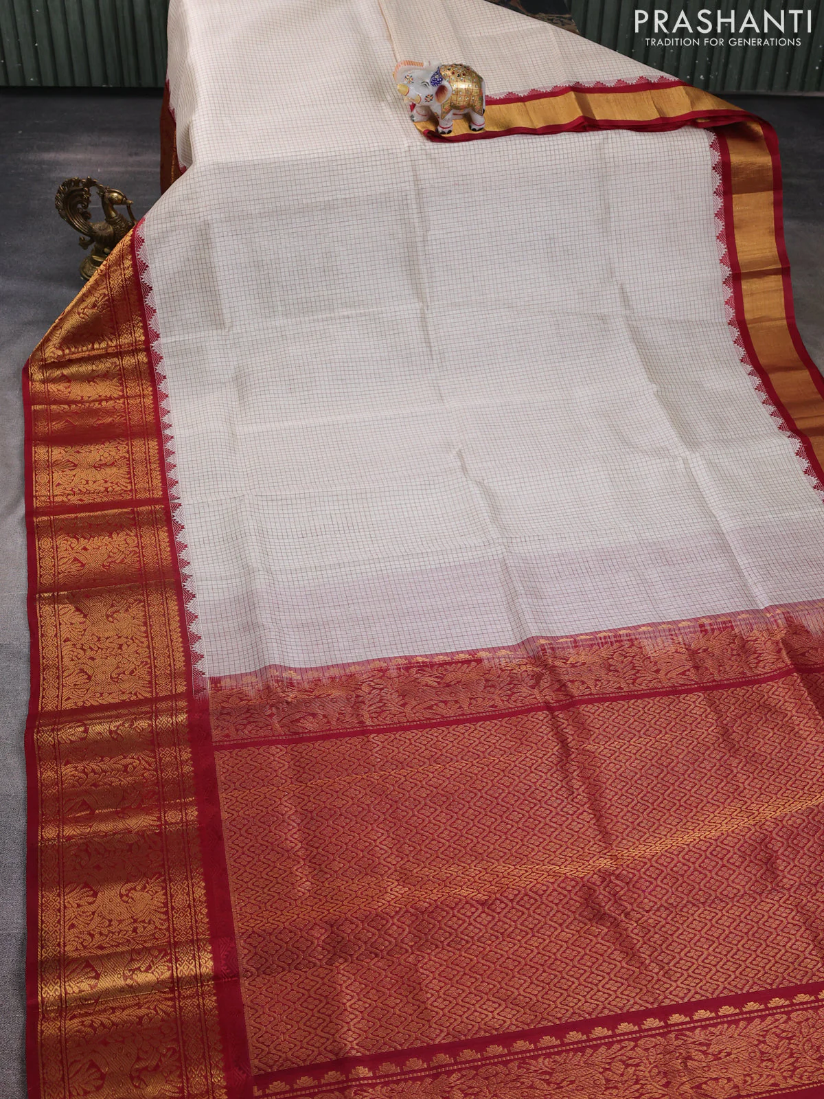 Kuppadam silk cotton saree cream and maroon with allover small checked pattern and long zari woven border - Image 2