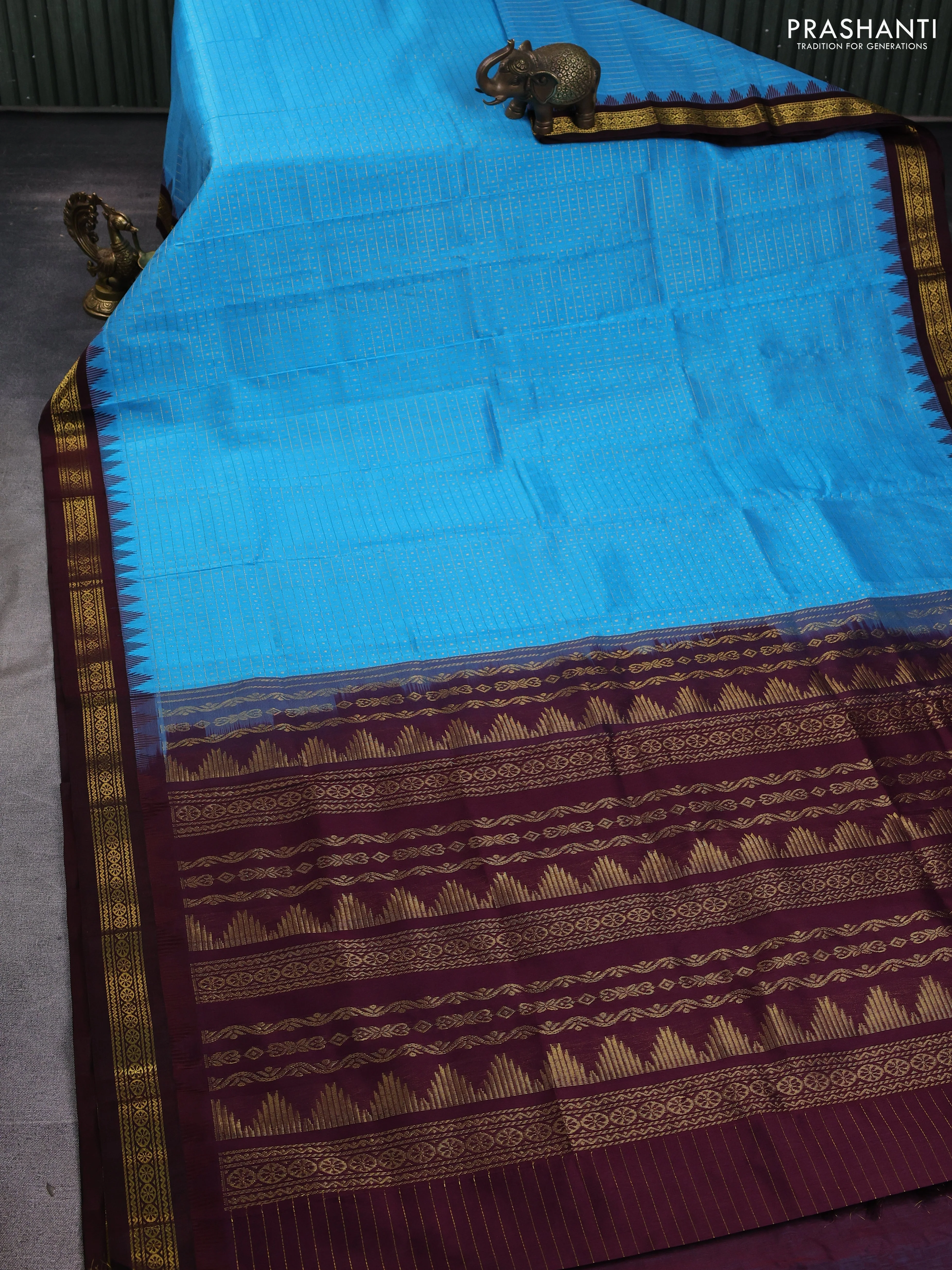 Kuppadam silk cotton saree cs blue and coffee brown with allover zari checks & lakshadeepam weaves and temple design zari woven border - Image 2