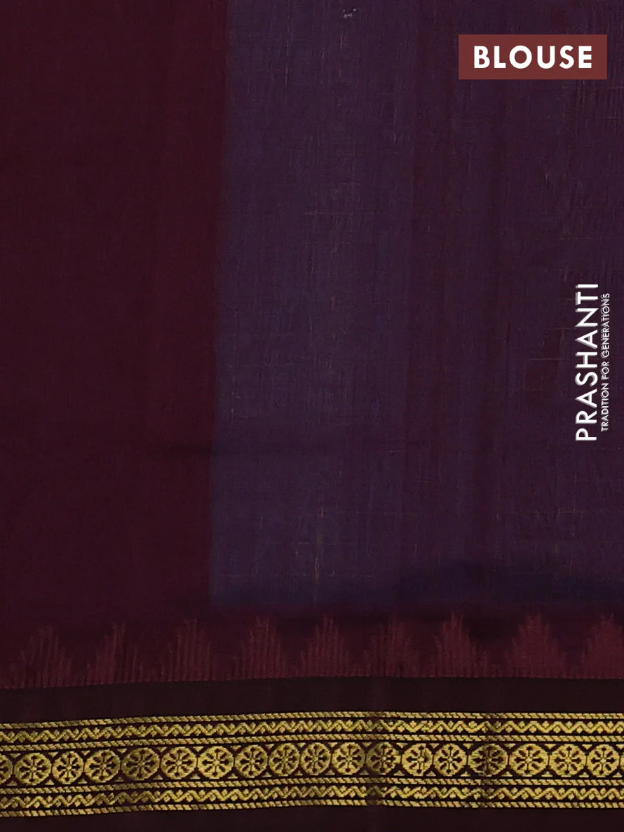 Kuppadam silk cotton saree cs blue and coffee brown with allover zari checks & lakshadeepam weaves and temple design zari woven border - Image 3