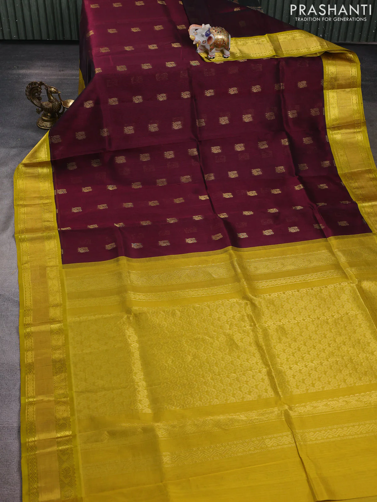 Kuppadam silk cotton saree deep maroon and lime yellow with annam zari woven buttas and rettapet zari woven border - Image 2