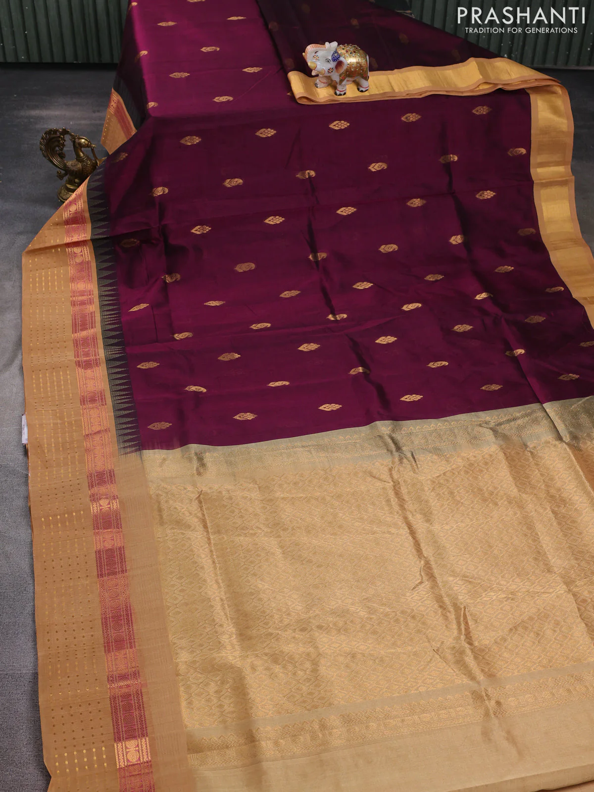 Kuppadam silk cotton saree deep purple and sandal with zari woven buttas and zari woven border - Image 2