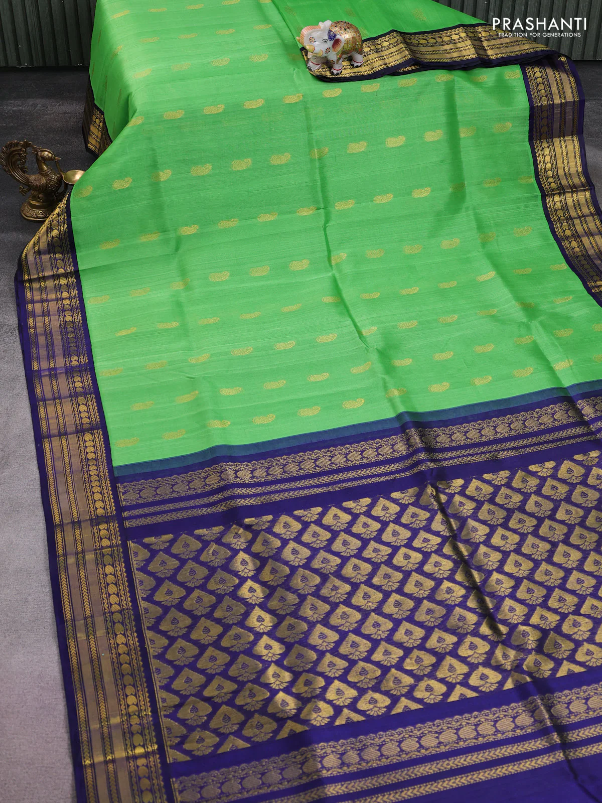 Kuppadam silk cotton saree light green and blue with paisley zari woven buttas and rich zari woven border - Image 2