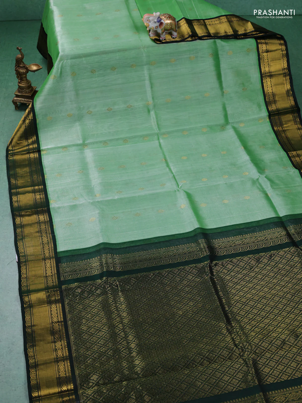 Kuppadam silk cotton saree light green and green with zari woven buttas and zari woven border - Image 2