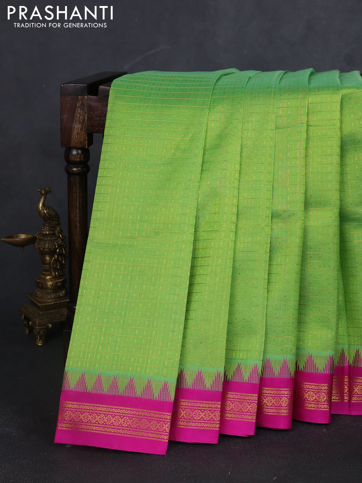 Kuppadam silk cotton saree light green and pink with allover zari checks & lakshadeepam weaves and temple design zari woven border