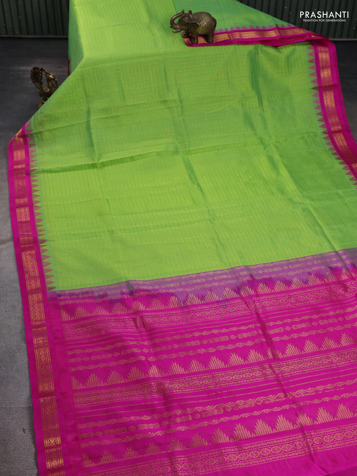 Kuppadam silk cotton saree light green and pink with allover zari checks & lakshadeepam weaves and temple design zari woven border - Image 2