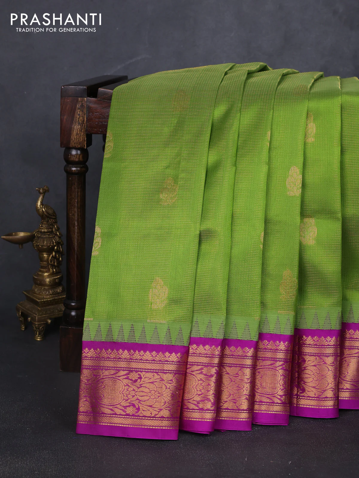 Kuppadam silk cotton saree light green and purple with allover vairosi pattern & buttas and temple design zari woven border