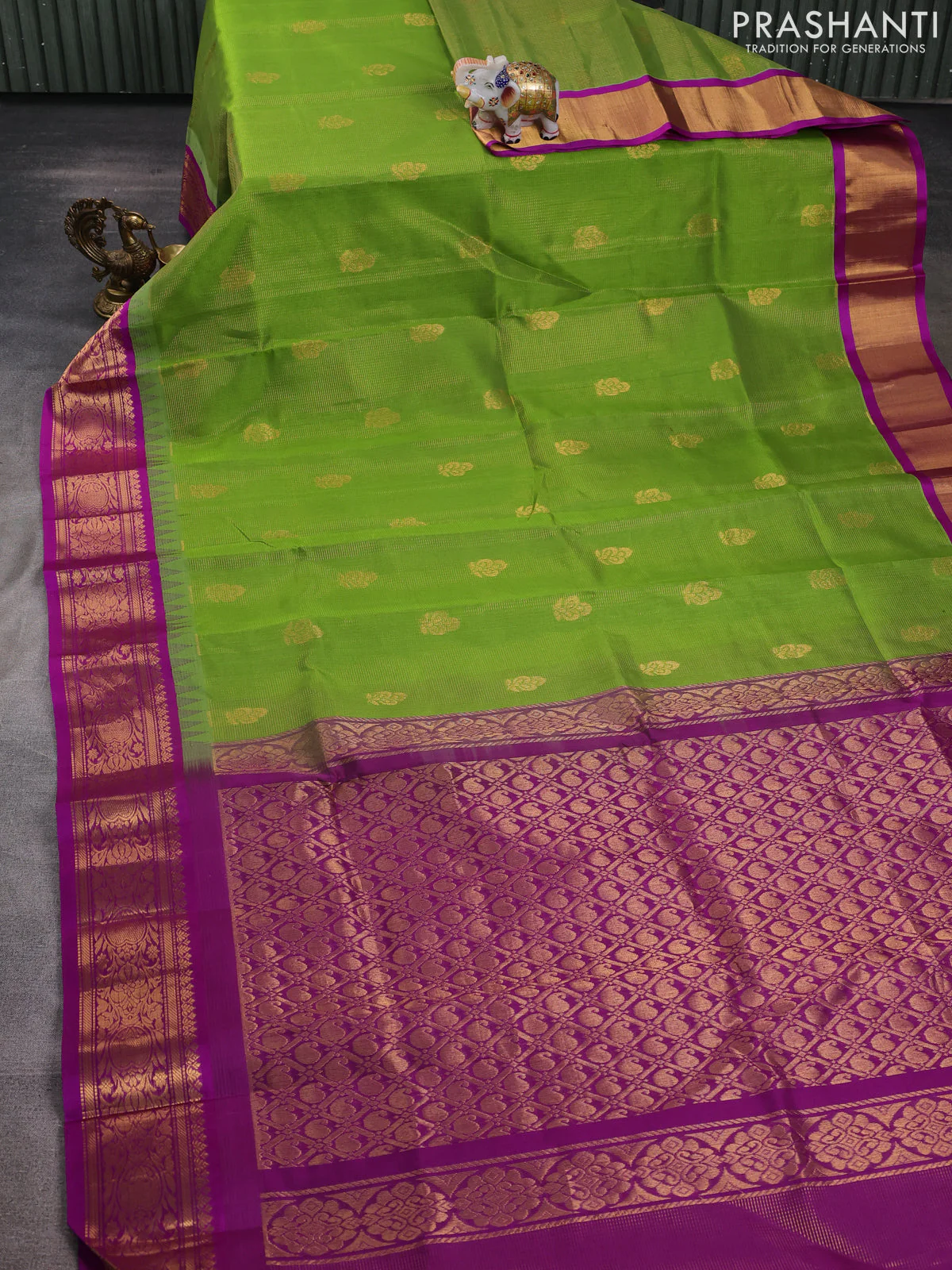 Kuppadam silk cotton saree light green and purple with allover vairosi pattern & buttas and temple design zari woven border - Image 2