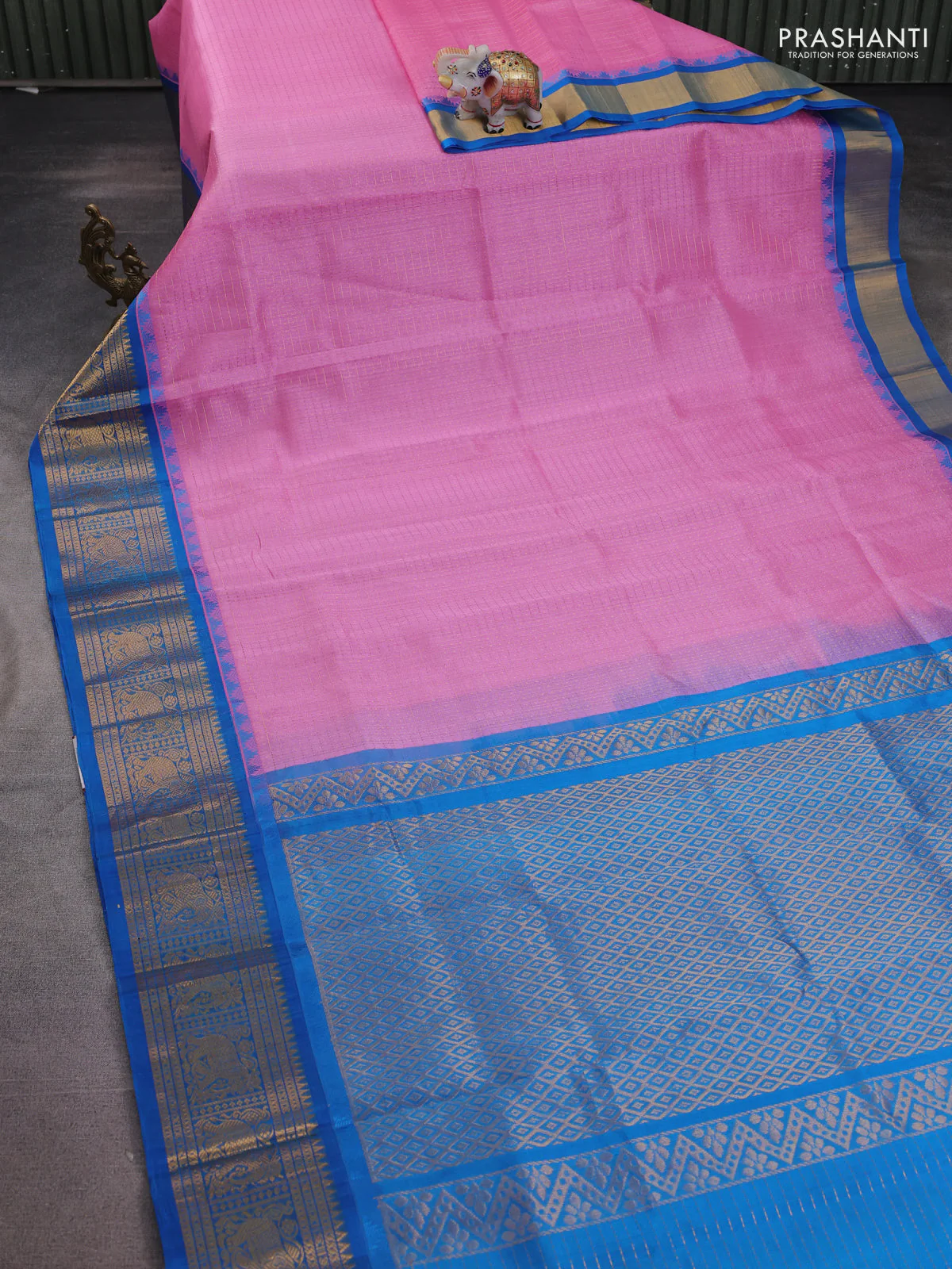 Kuppadam silk cotton saree light pink and cs blue with allover lakshadeepam weaves and temple design zari woven border - Image 2