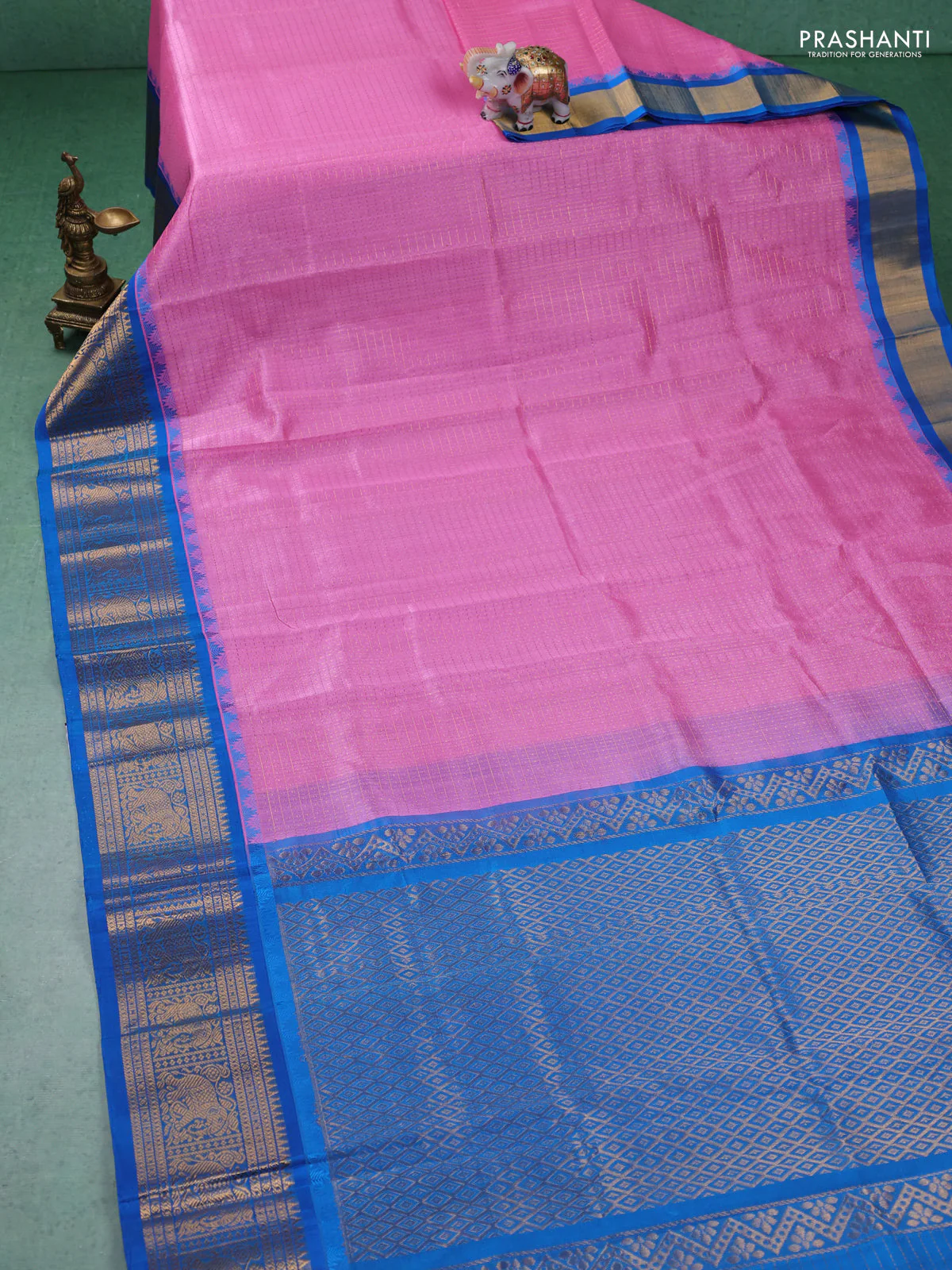 Kuppadam silk cotton saree light pink and cs blue with allover zari checks & lakshadeepam weaves and zari woven border - Image 2