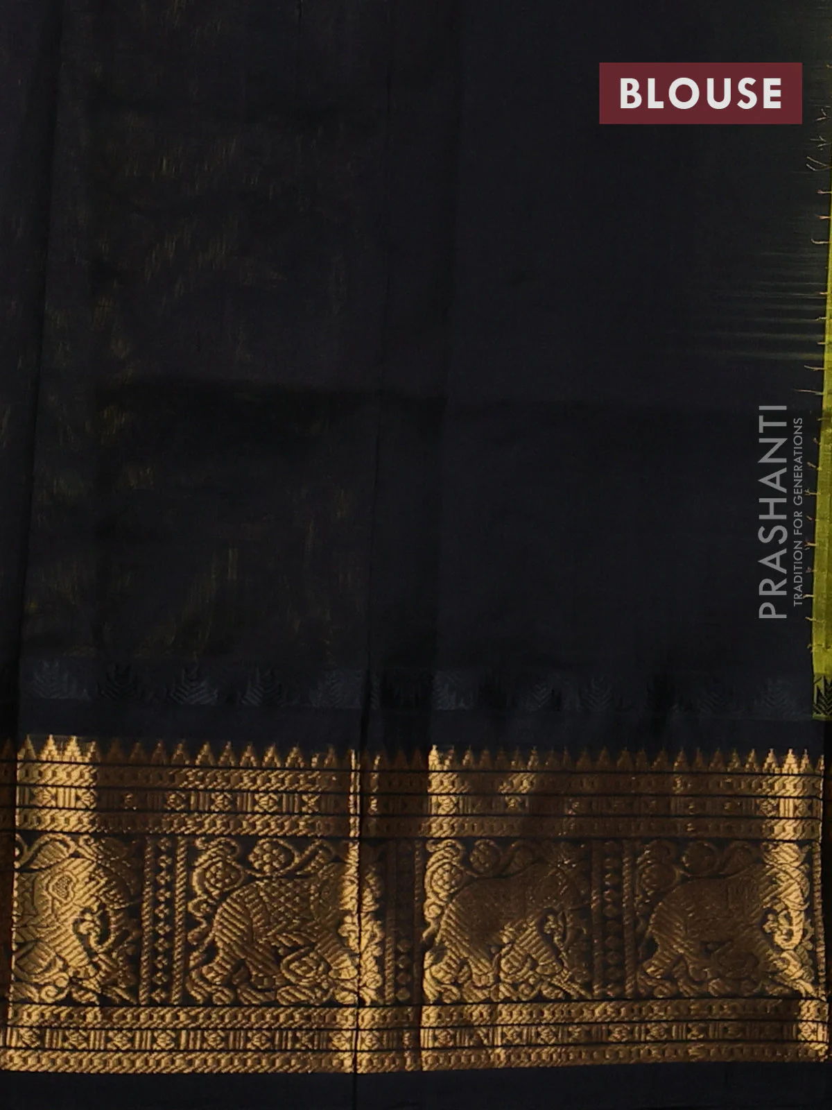 Kuppadam silk cotton saree lime yellow and black with allover laksha deepam pattern and temple design elephant zari woven border - Image 3