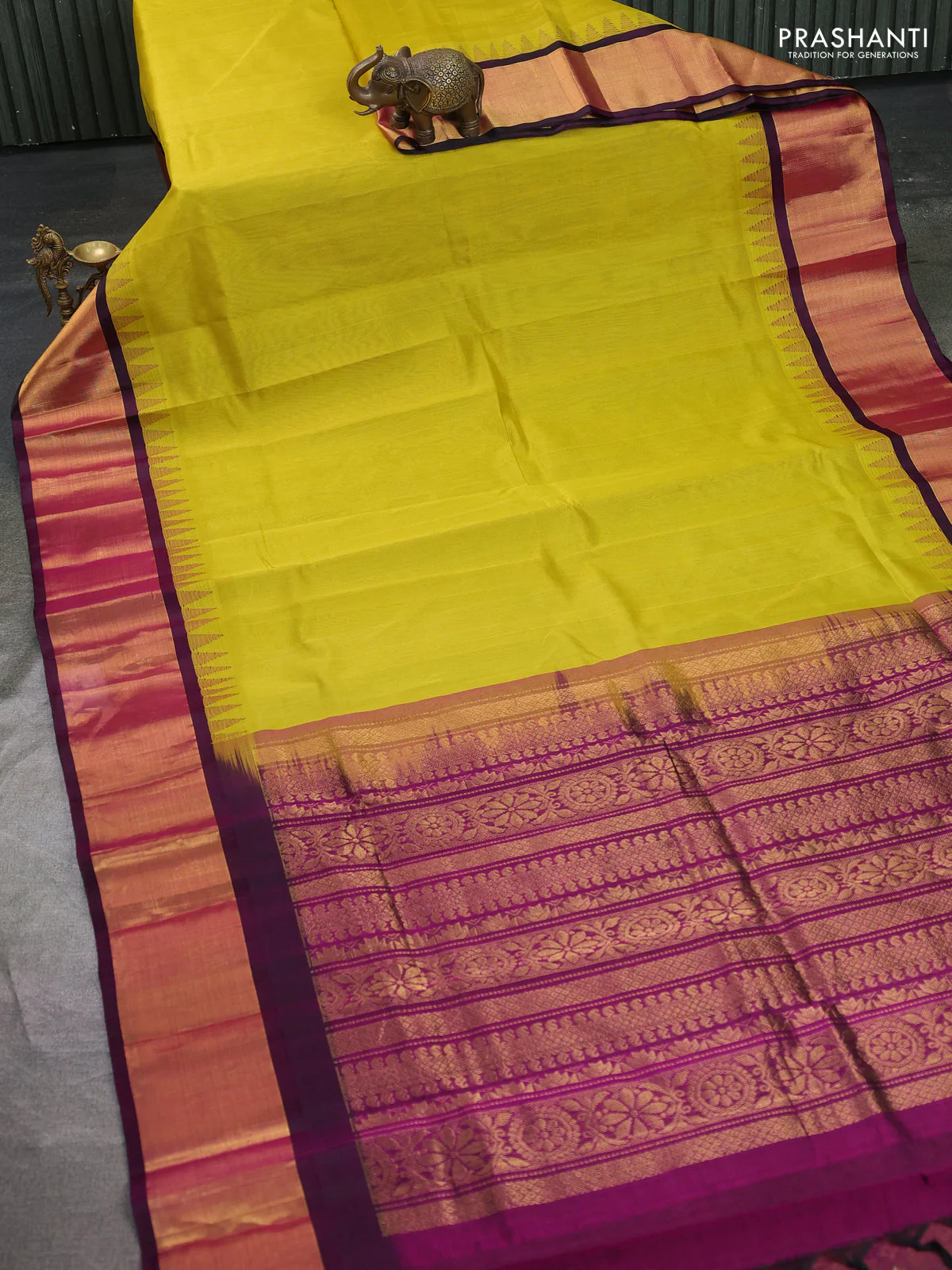 Kuppadam silk cotton saree lime yellow and deep jamun with plain body and temple design zari woven border - Image 2