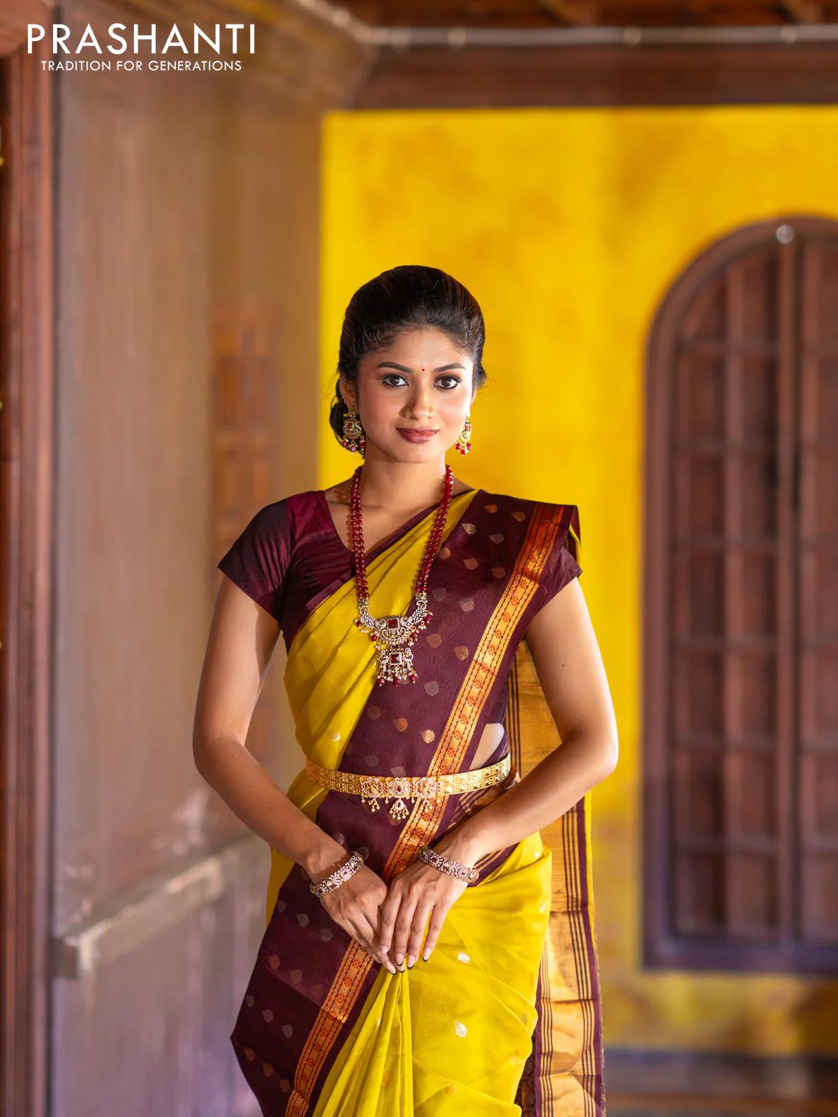 Kuppadam silk cotton saree lime yellow and deep maroon with silver & gold zari woven tilak buttas and temple design rettapet zari woven butta border - Image 3