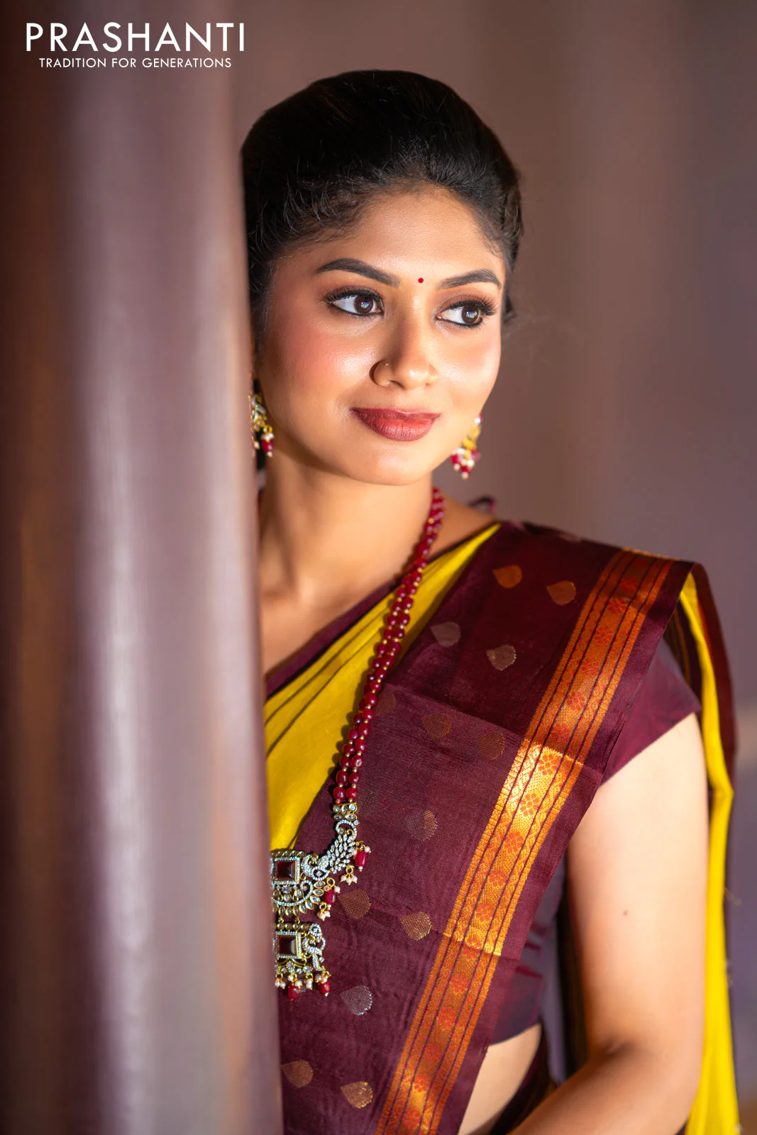 Kuppadam silk cotton saree lime yellow and deep maroon with silver & gold zari woven tilak buttas and temple design rettapet zari woven butta border - Image 4