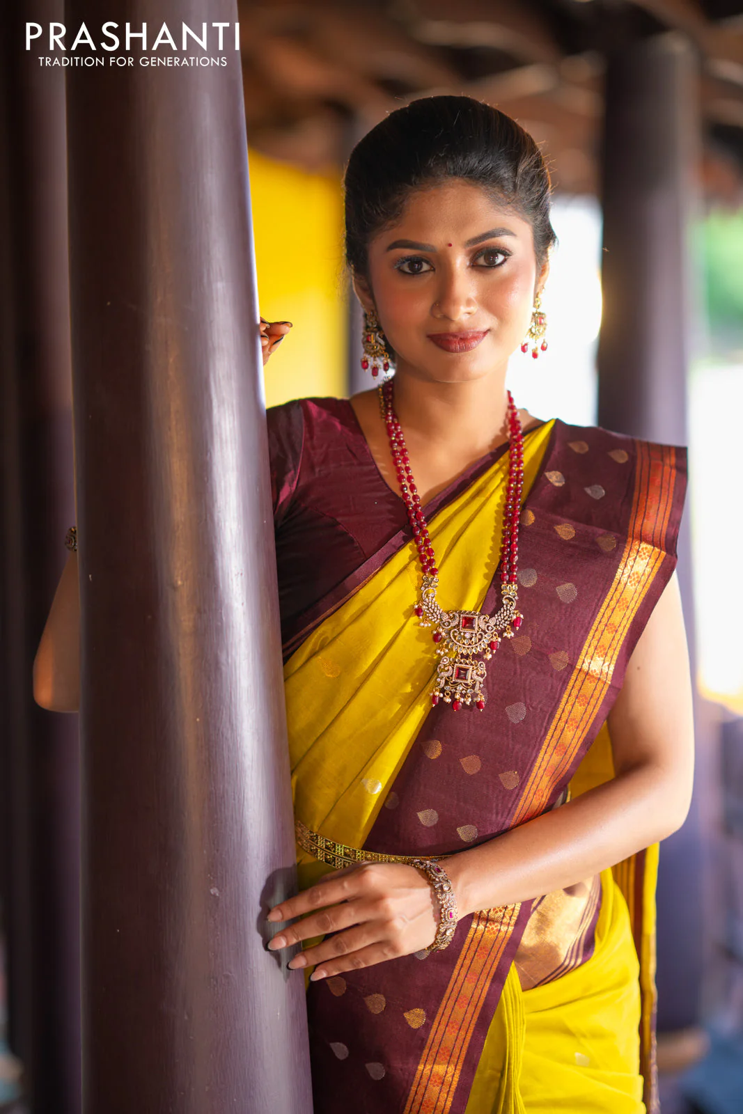 Kuppadam silk cotton saree lime yellow and deep maroon with silver & gold zari woven tilak buttas and temple design rettapet zari woven butta border - Image 5