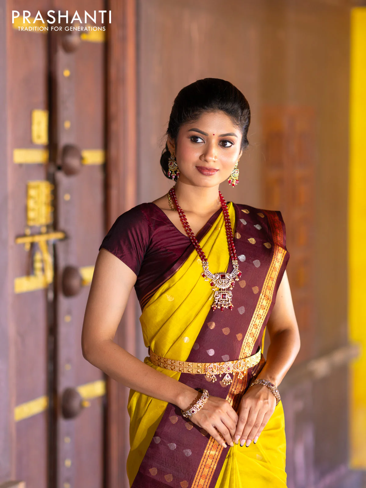 Kuppadam silk cotton saree lime yellow and deep maroon with silver & gold zari woven tilak buttas and temple design rettapet zari woven butta border - Image 6