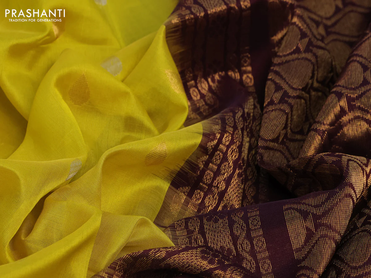 Kuppadam silk cotton saree lime yellow and deep maroon with silver & gold zari woven tilak buttas and temple design rettapet zari woven butta border - Image 9