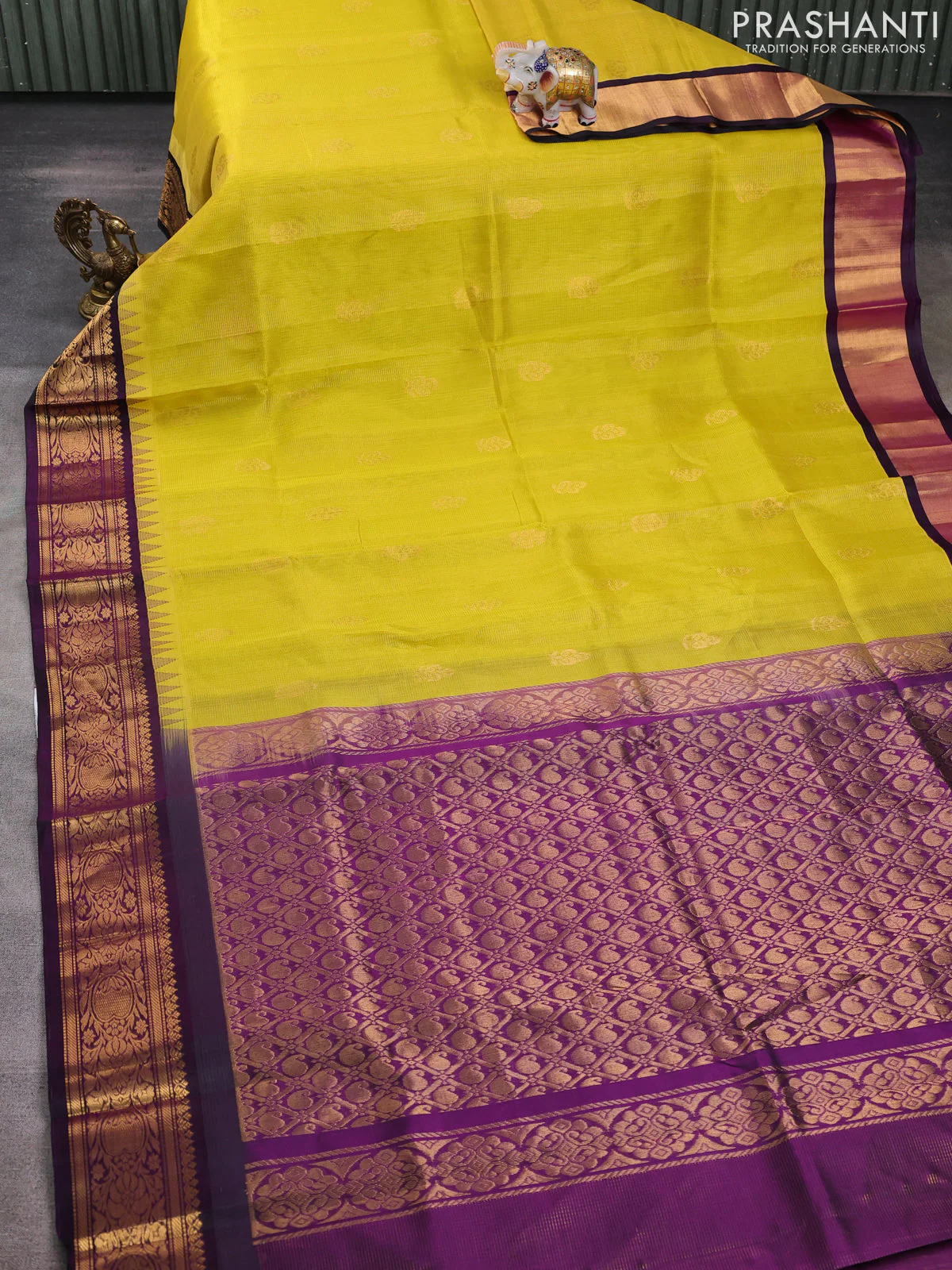 Kuppadam silk cotton saree lime yellow and deep purple with allover vairosi pattern & buttas and temple design zari woven border - Image 2