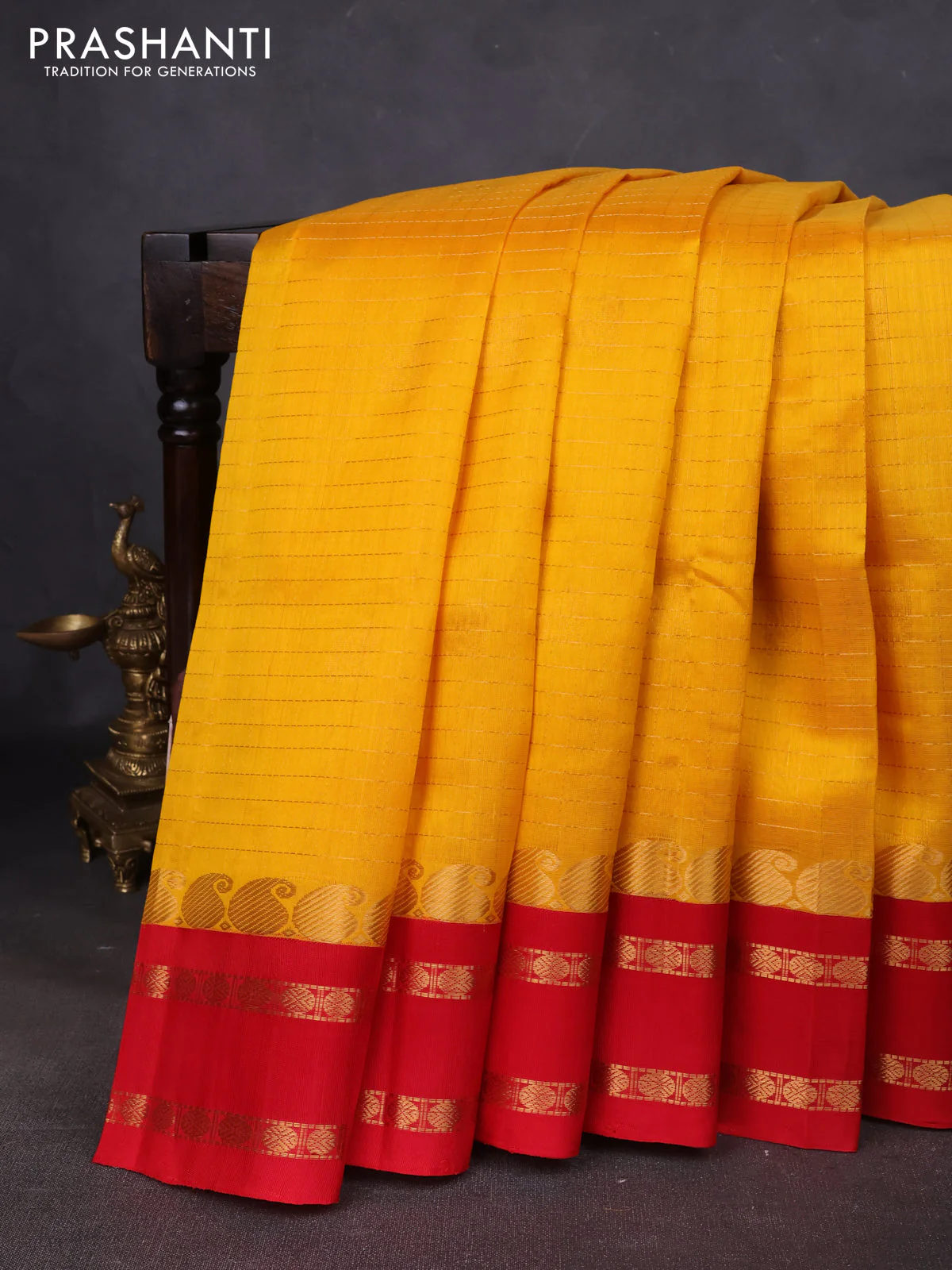 Kuppadam silk cotton saree mango yellow and red with allover zari checks & buttas and paisley zari woven border