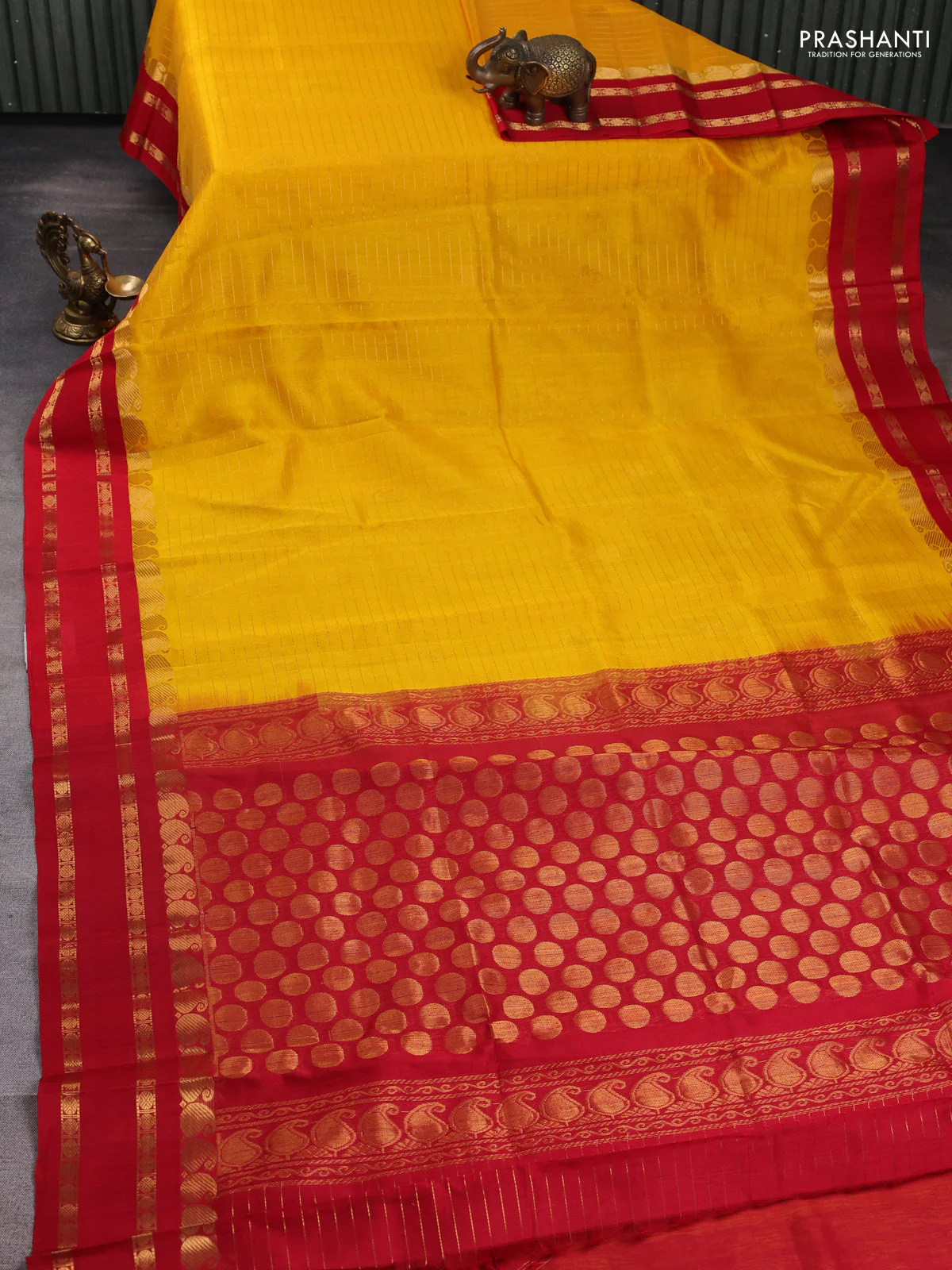 Kuppadam silk cotton saree mango yellow and red with allover zari checks & buttas and paisley zari woven border - Image 2