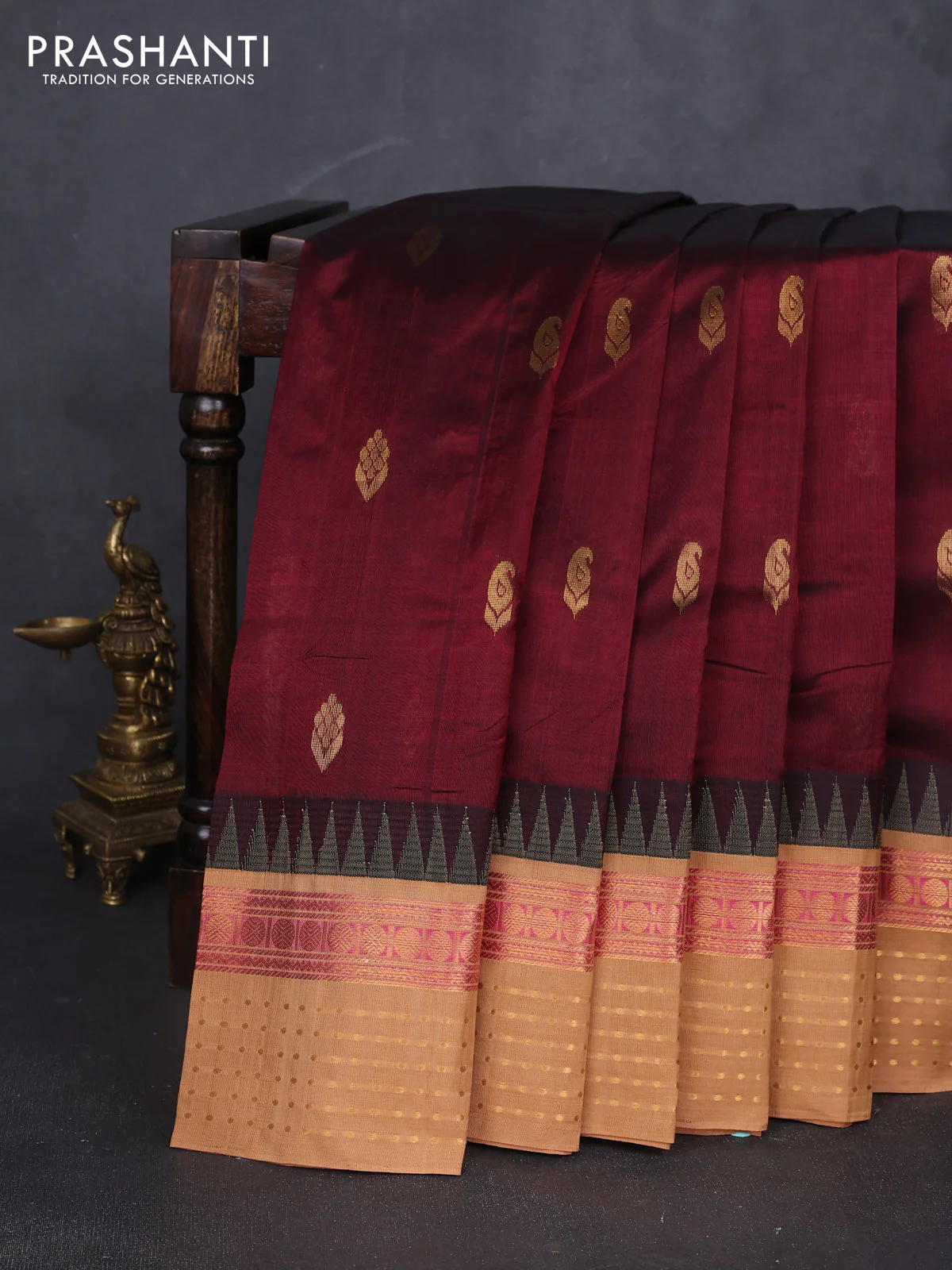 Kuppadam silk cotton saree maroon and sandal with zari woven buttas and temple design zari woven border