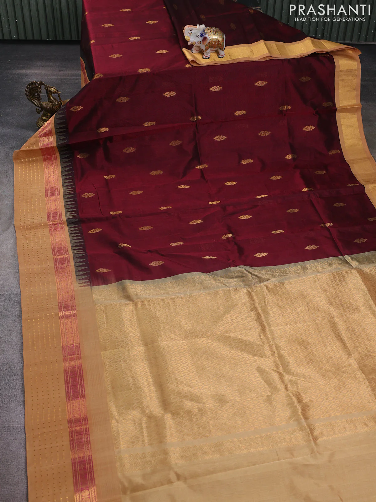 Kuppadam silk cotton saree maroon and sandal with zari woven buttas and temple design zari woven border - Image 2